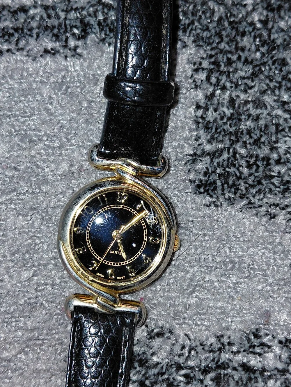 Vintage Y2K Black Gold Silver Tone Quartz Watch Faux Alligator Strap Retro CC